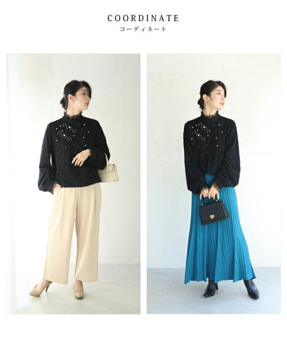 【セール商品返品交換不可】裏起毛で暖かい。パール艶めくチュールネックプルオーバートップス