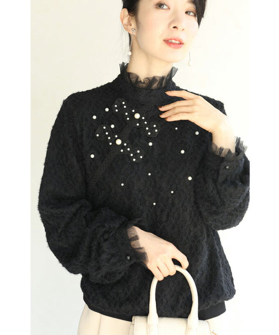 【セール商品返品交換不可】裏起毛で暖かい。パール艶めくチュールネックプルオーバートップス