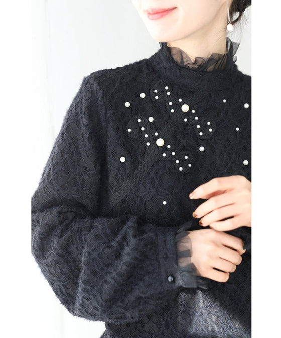 【セール商品返品交換不可】裏起毛で暖かい。パール艶めくチュールネックプルオーバートップス