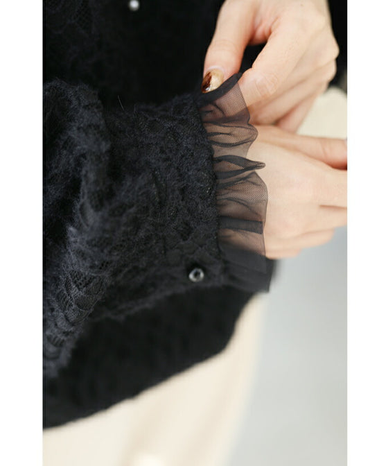 【セール商品返品交換不可】裏起毛で暖かい。パール艶めくチュールネックプルオーバートップス