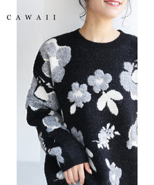  【セール商品返品交換不可】（M~3L対応）（黒）可愛いもこもこフラワーニットプルオーバートップス