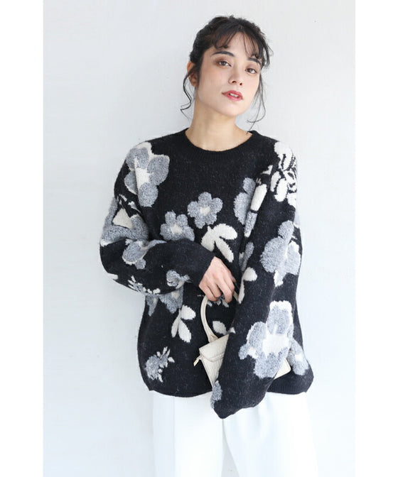 【セール商品返品交換不可】（M~3L対応）（黒）可愛いもこもこフラワーニットプルオーバートップス