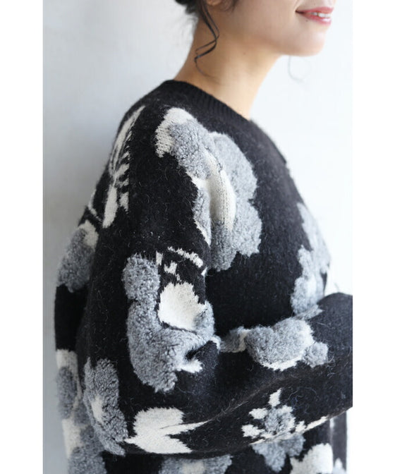 【セール商品返品交換不可】（M~3L対応）（黒）可愛いもこもこフラワーニットプルオーバートップス