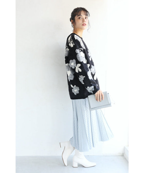 【セール商品返品交換不可】（M~3L対応）（黒）可愛いもこもこフラワーニットプルオーバートップス