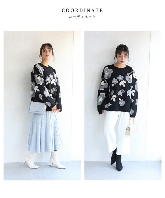 【セール商品返品交換不可】（M~3L対応）（黒）可愛いもこもこフラワーニットプルオーバートップス