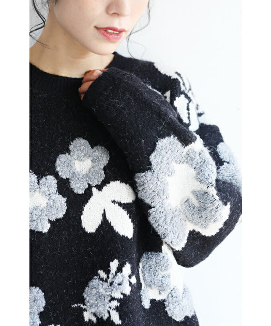【セール商品返品交換不可】（M~3L対応）（黒）可愛いもこもこフラワーニットプルオーバートップス
