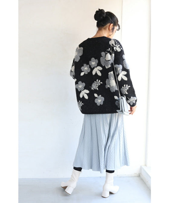 【セール商品返品交換不可】（M~3L対応）（黒）可愛いもこもこフラワーニットプルオーバートップス