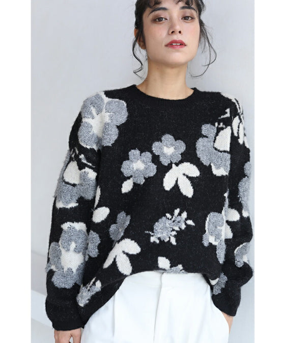 【セール商品返品交換不可】（M~3L対応）（黒）可愛いもこもこフラワーニットプルオーバートップス