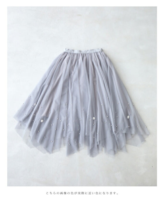 ビジュー煌めくふんわり柔らかなランダム裾ベールミディアムスカート
