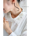 Blouse top with sparkling jeweled flower veil collar