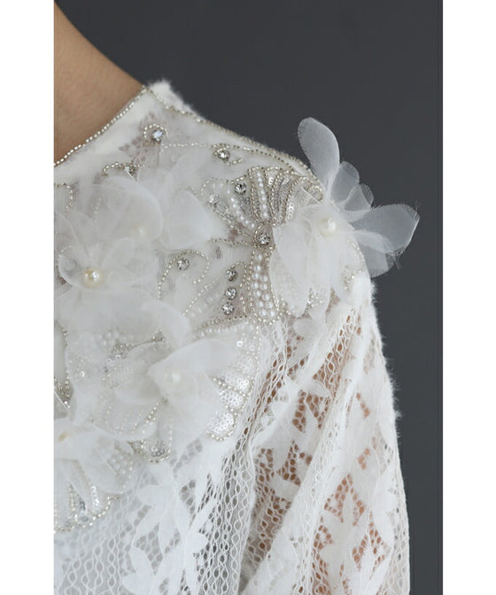 【セール商品返品交換不可】花びら浮かぶふわふわ起毛レースブラウストップス