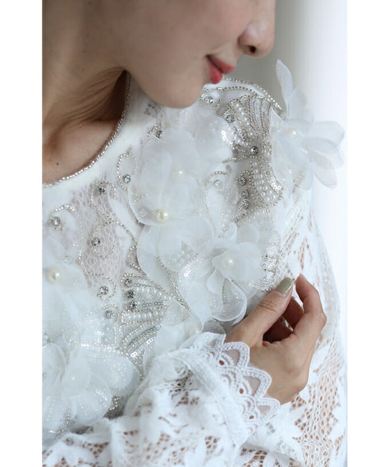 【セール商品返品交換不可】花びら浮かぶふわふわ起毛レースブラウストップス