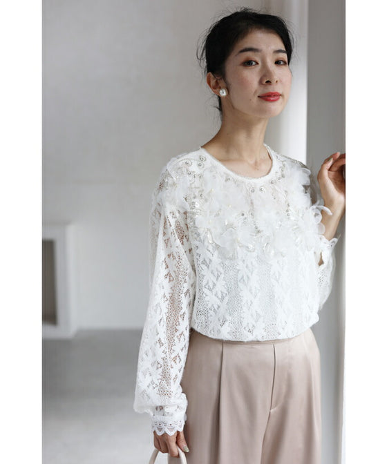 【セール商品返品交換不可】花びら浮かぶふわふわ起毛レースブラウストップス