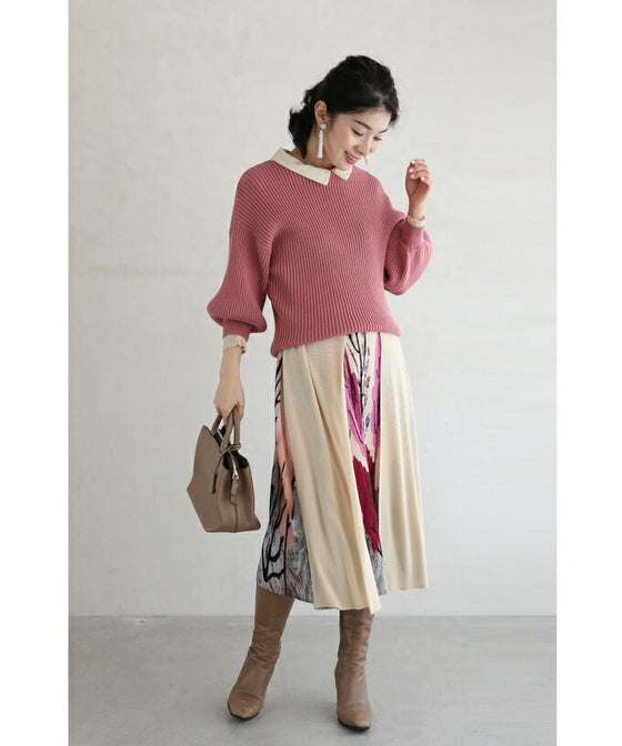 【アウトレット返品交換不可】木々が色づく重なるプリーツミディアムワンピース