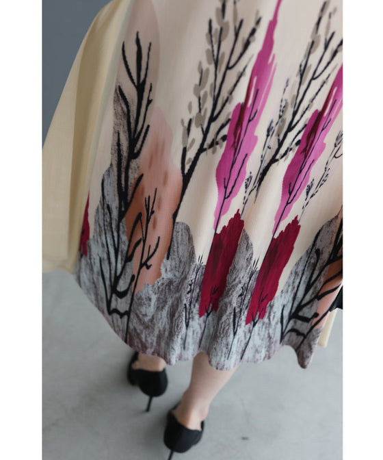 【アウトレット返品交換不可】木々が色づく重なるプリーツミディアムワンピース