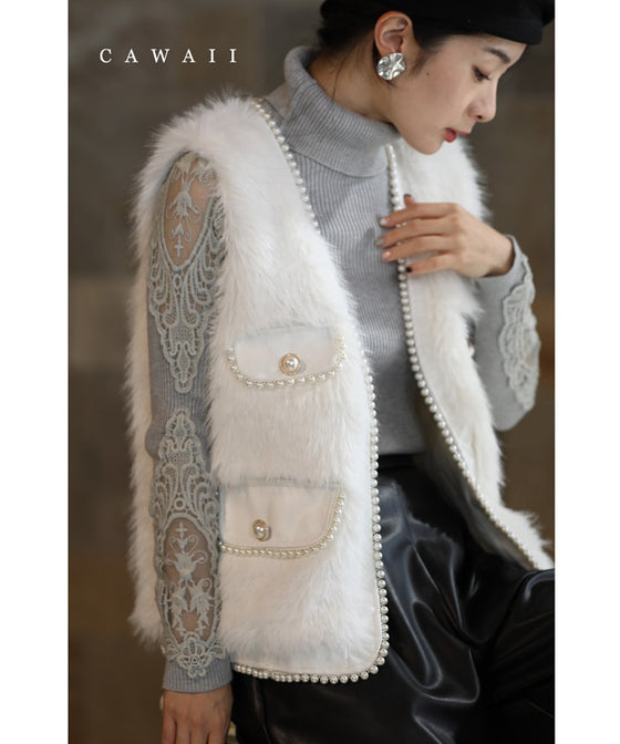 Fluffy white faux fur vest with luxurious pearl trim
