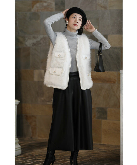 Fluffy white faux fur vest with luxurious pearl trim