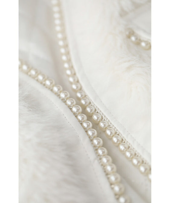 Fluffy white faux fur vest with luxurious pearl trim
