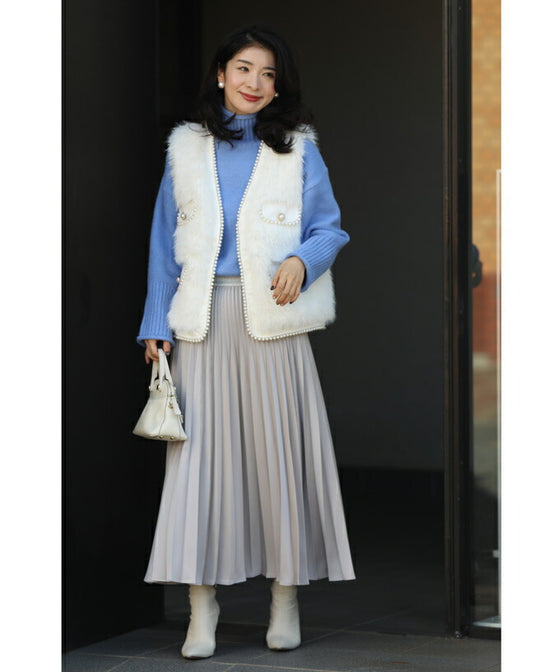 Fluffy white faux fur vest with luxurious pearl trim