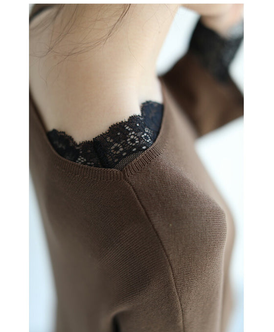 肌見せ卒業世代の長袖レースインナートップス/インナーレース伸縮カットソー(ブラック)