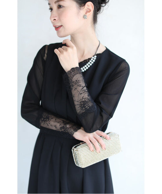 肌見せ卒業世代の長袖レースインナートップス/インナーレース伸縮カットソー(ブラック)