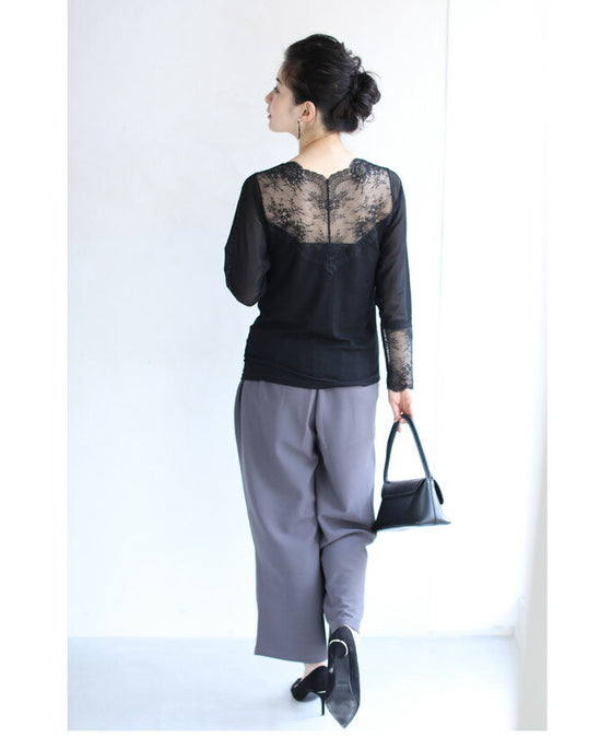 肌見せ卒業世代の長袖レースインナートップス/インナーレース伸縮カットソー(ブラック)