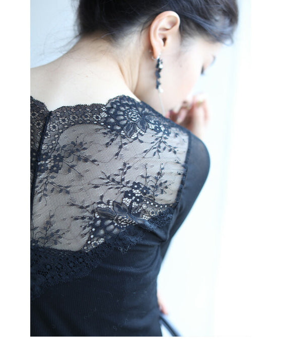 肌見せ卒業世代の長袖レースインナートップス/インナーレース伸縮カットソー(ブラック)