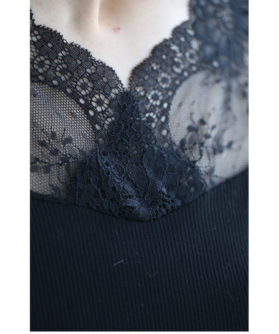 肌見せ卒業世代の長袖レースインナートップス/インナーレース伸縮カットソー(ブラック)
