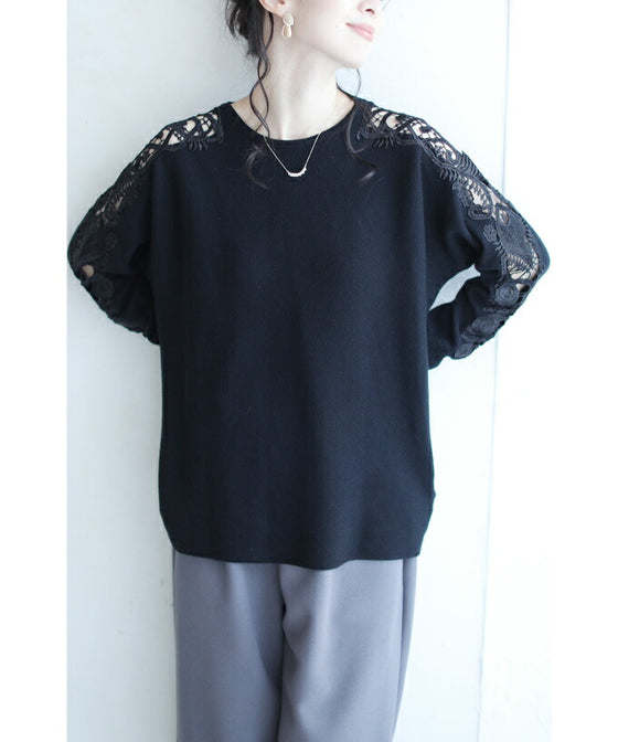 【セール商品返品交換不可】【アウトレット商品返品交換不可】上品に肌魅せ。艶やかレースのニットトップス