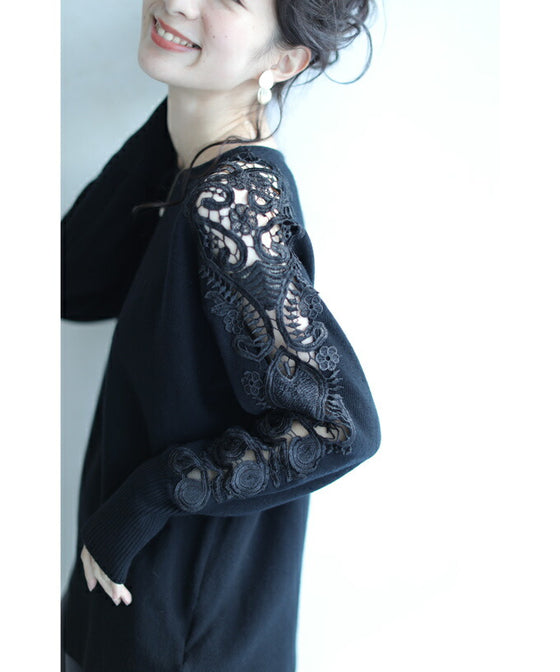 【セール商品返品交換不可】【アウトレット商品返品交換不可】上品に肌魅せ。艶やかレースのニットトップス