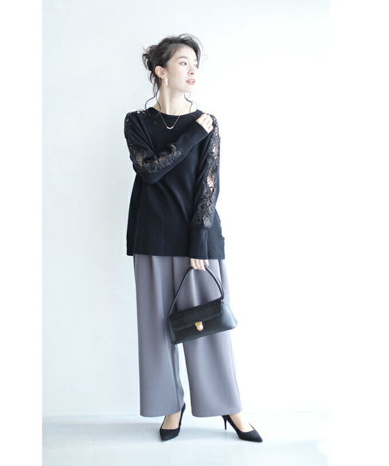 【セール商品返品交換不可】【アウトレット商品返品交換不可】上品に肌魅せ。艶やかレースのニットトップス