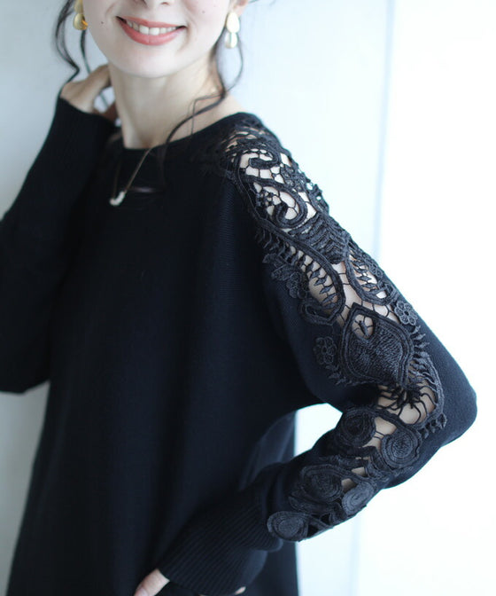 【セール商品返品交換不可】【アウトレット商品返品交換不可】上品に肌魅せ。艶やかレースのニットトップス