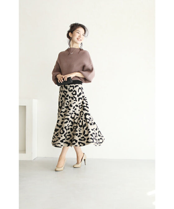 【セール商品返品交換不可】（S~L対応）斜めギャザーのレオパードニットミディアムスカート