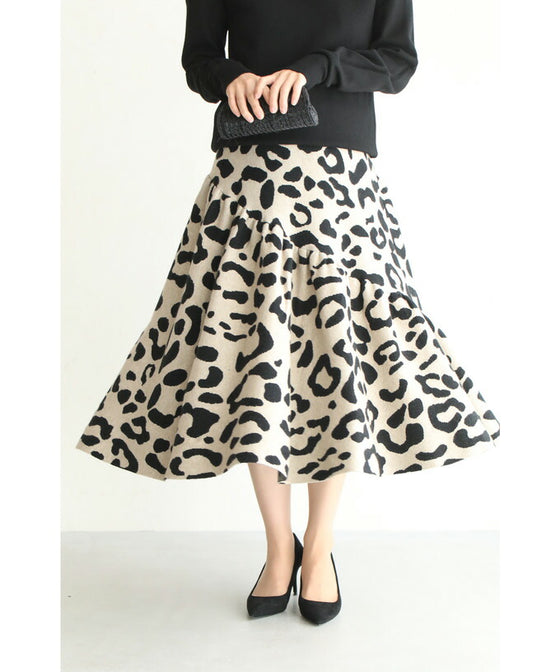 【セール商品返品交換不可】（S~L対応）斜めギャザーのレオパードニットミディアムスカート