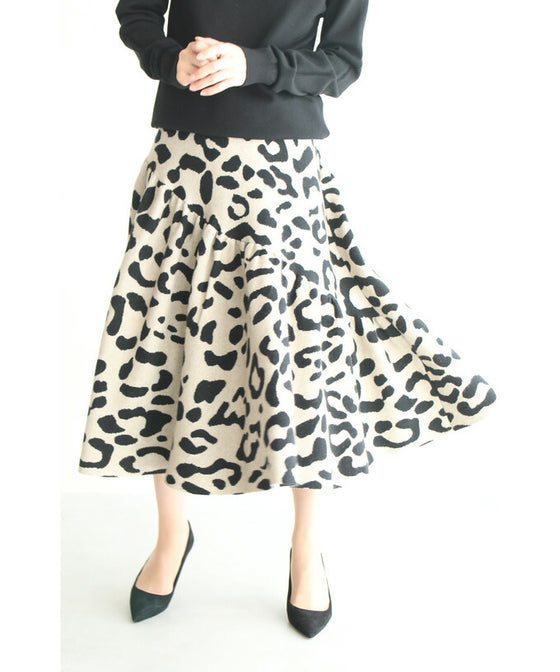 【セール商品返品交換不可】（S~L対応）斜めギャザーのレオパードニットミディアムスカート