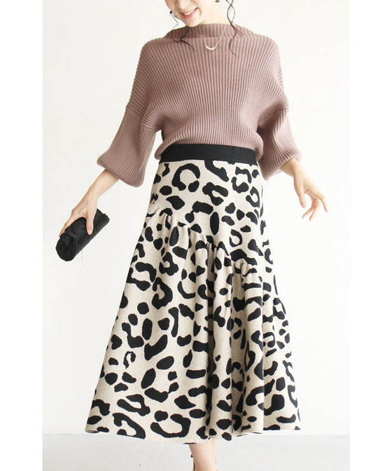 【セール商品返品交換不可】（S~L対応）斜めギャザーのレオパードニットミディアムスカート