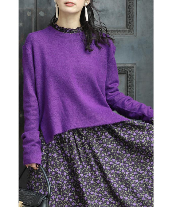 【セール商品返品交換不可】（M~3L対応）（パープル）前後差ヘムラインカットのニットトップス