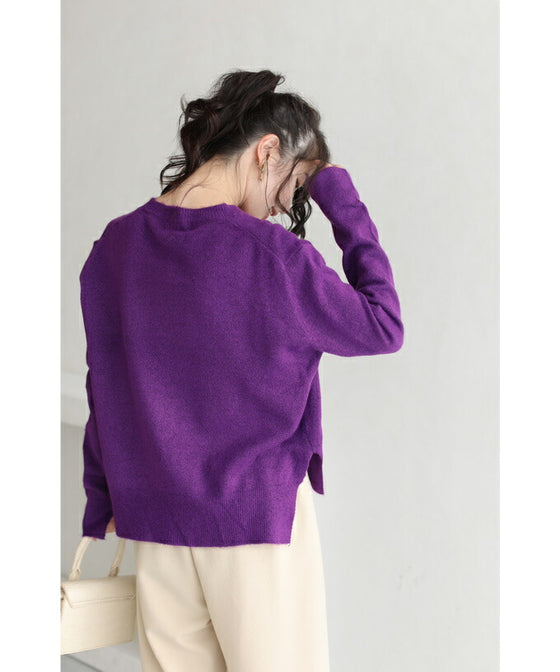【セール商品返品交換不可】（M~3L対応）（パープル）前後差ヘムラインカットのニットトップス