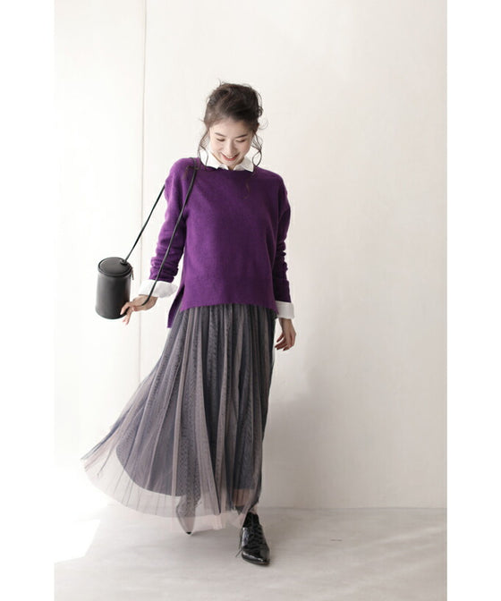 【セール商品返品交換不可】（M~3L対応）（パープル）前後差ヘムラインカットのニットトップス