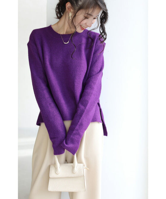 【セール商品返品交換不可】（M~3L対応）（パープル）前後差ヘムラインカットのニットトップス