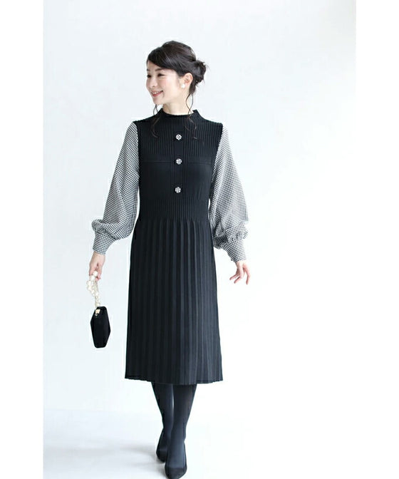 千鳥格子スリーブのニットプリーツミディアムワンピース(ベルト付)