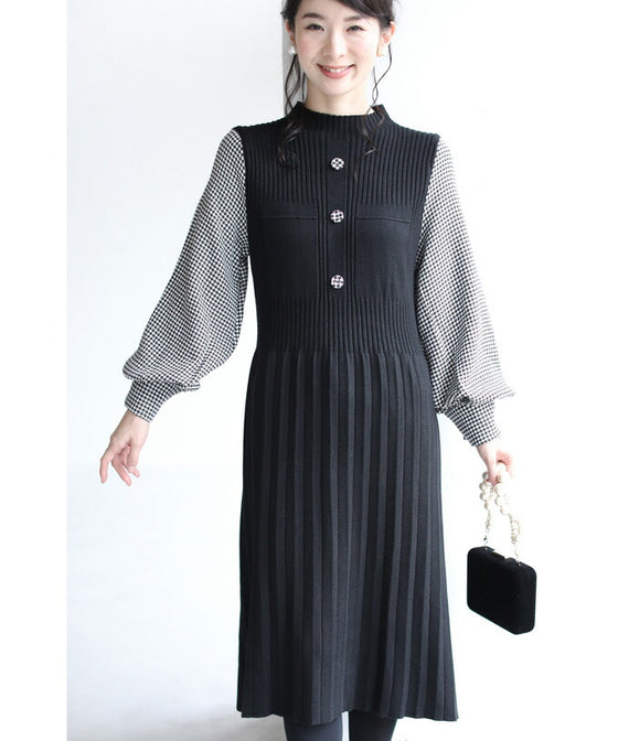 千鳥格子スリーブのニットプリーツミディアムワンピース(ベルト付)