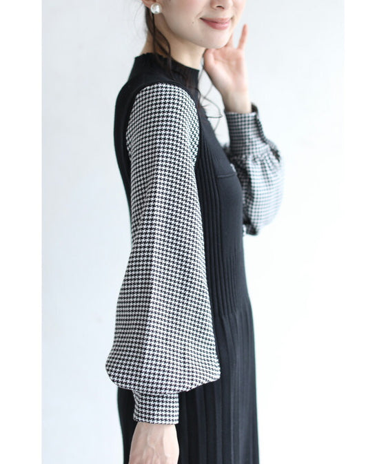 千鳥格子スリーブのニットプリーツミディアムワンピース(ベルト付)