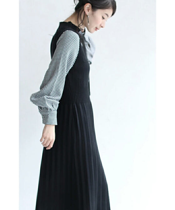 千鳥格子スリーブのニットプリーツミディアムワンピース(ベルト付)