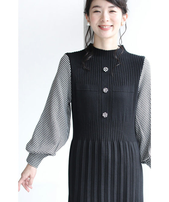 千鳥格子スリーブのニットプリーツミディアムワンピース(ベルト付)