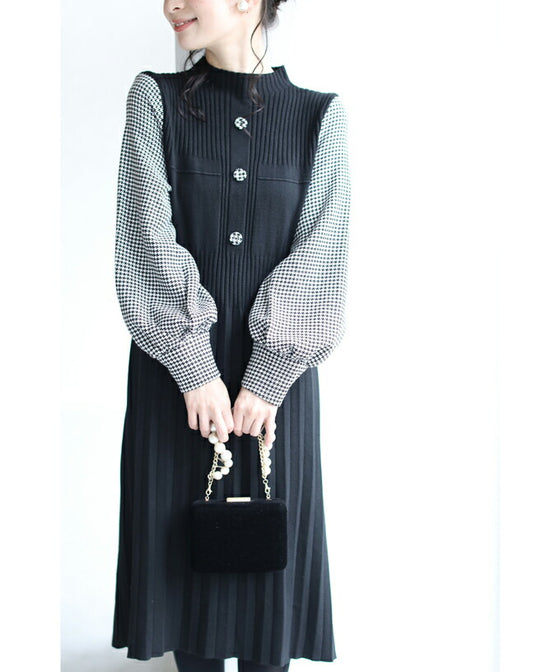千鳥格子スリーブのニットプリーツミディアムワンピース(ベルト付)
