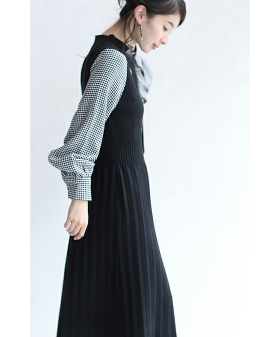 千鳥格子スリーブのニットプリーツミディアムワンピース(ベルト付)