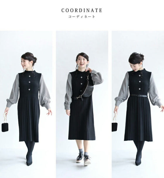 千鳥格子スリーブのニットプリーツミディアムワンピース(ベルト付)