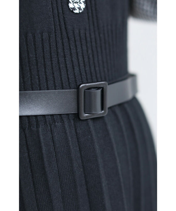 千鳥格子スリーブのニットプリーツミディアムワンピース(ベルト付)