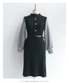 Houndstooth sleeve knit pleated midi dress (with belt)